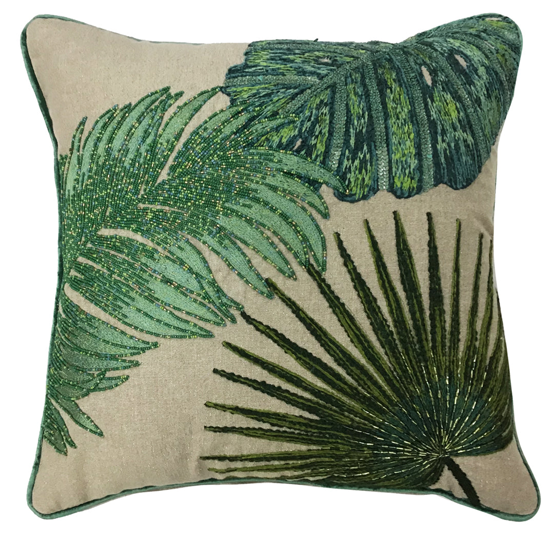 Tropical Three Leaf Embroidery Square Throw Pillow