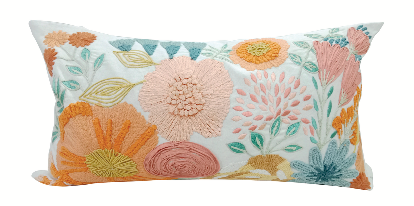 Everyday Floral Spring Embroidery Rectangle Throw Pillow - Without Edging